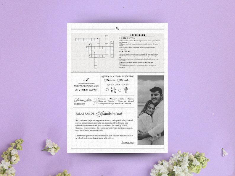 Spanish editable wedding newspaper template on Canva Digital Download Folded Tabloid Wedding Program zdjęcie 4