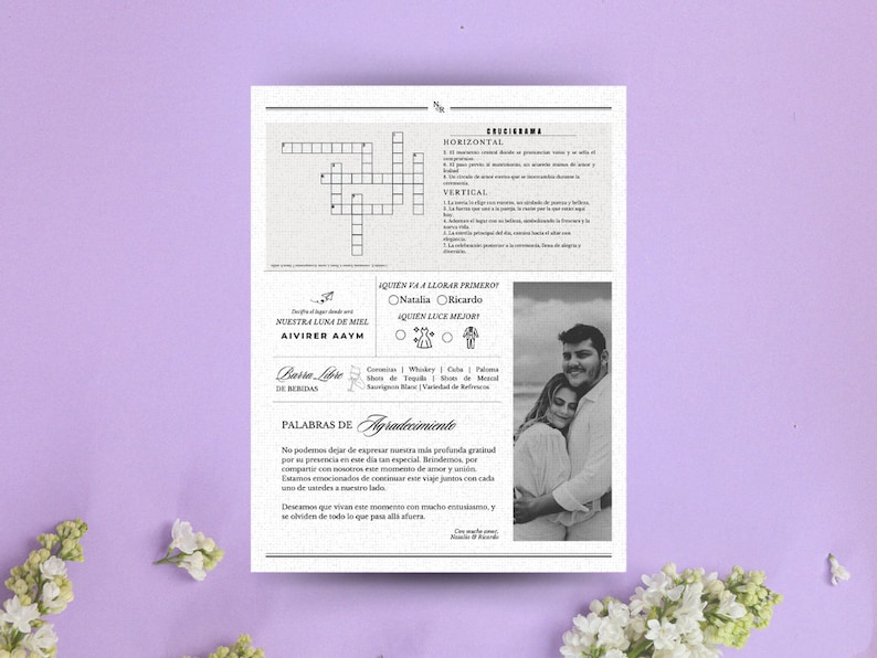 Spanish editable wedding newspaper template on Canva Digital Download Folded Tabloid Wedding Program image 4