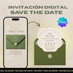 Puede incluir: Una invitación digital Save the Date mostrada en la pantalla de un smartphone y como un sobre verde oliva abierto con un sello de cera. La invitación incluye el texto Adriana & Nathan, Save Our Date, 26 DE SEPTIEMBRE 2026, Cholula, Puebla.