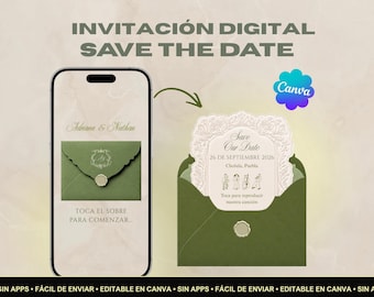 Vorlage für eine Hochzeitswebsite mit dem Thema „Save the Date“ (spanisch): Digitale Einladung, anklickbarer Umschlag – Bearbeitung in Canva