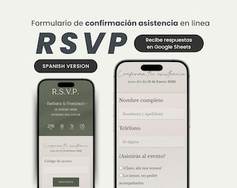 Strona internetowa RSVP w języku hiszpańskim: formularz cyfrowy, kod QR i Arkusze Google (pobranie cyfrowe)