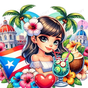 Pu&ograve; includere: Un'illustrazione di cartone animato di una donna con lunghi capelli scuri che indossa una camicia bianca e un fiore nei capelli. Tiene un bicchiere di bevanda tropicale con una cannuccia. Lo sfondo &egrave; una scena tropicale con palme, fiori e un edificio con una bandiera rosso, bianco e blu.