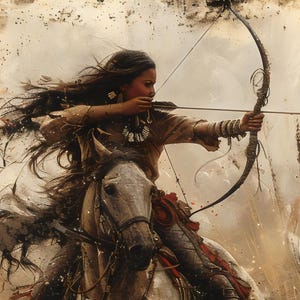 Puede incluir: Una mujer montando un caballo blanco, tensando un arco y una flecha, con un fondo marrón y blanco.