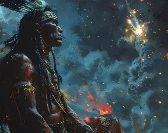Comanche Warrior Chief In Meditation By Fire Gift Poster | Warrior King For Fans Of The Comanche Nation | Includes 5 High-Res PNG File Sizes