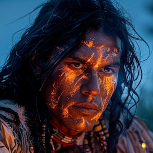 Lámina artística de guerrero comanche: Meditación de fuego de nativos americanos (5 tamaños de archivo PNG incluidos)