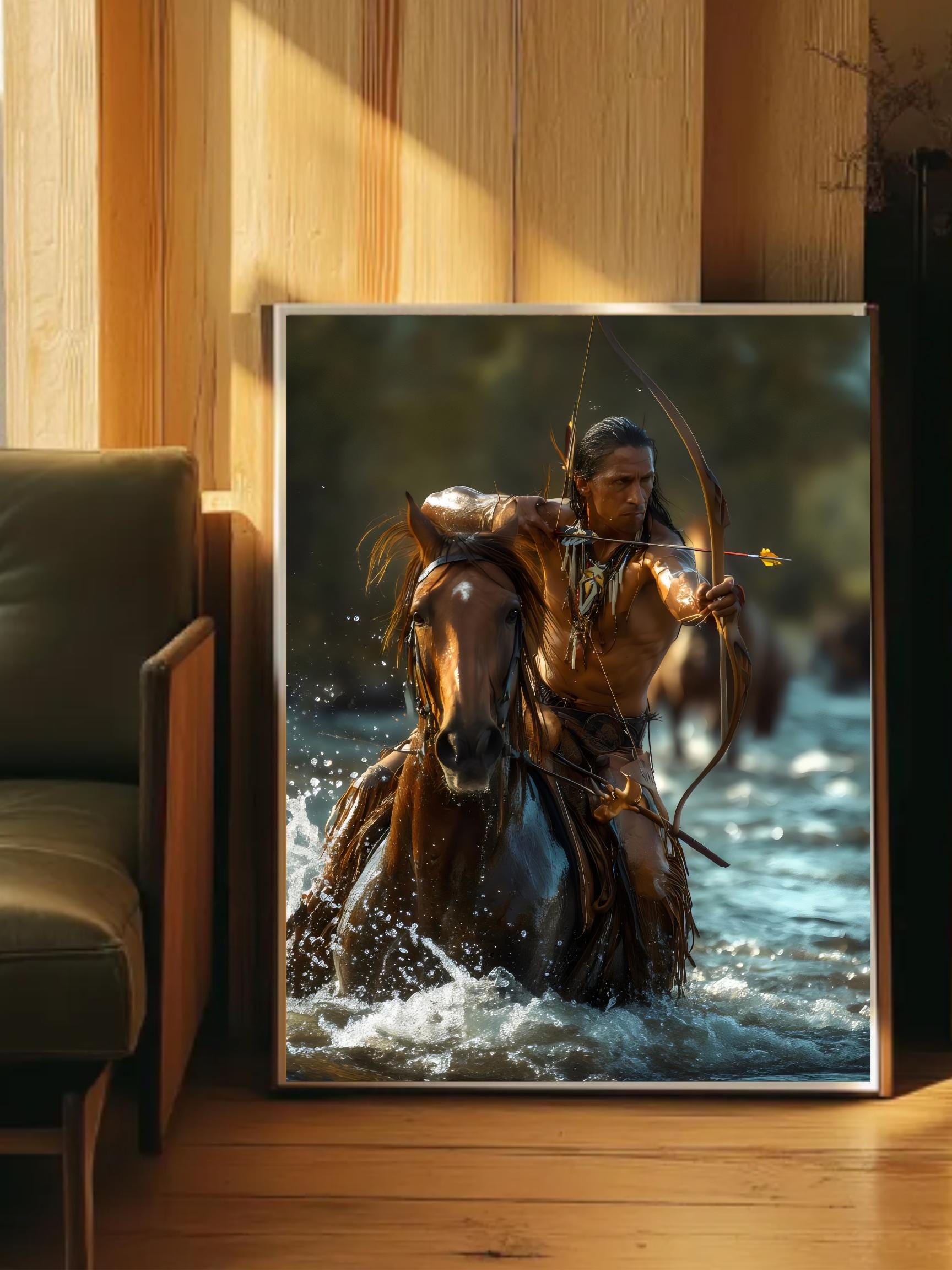 コマンチ族の戦士のアートプリント：弓を持つネイティブアメリカンの