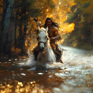 May include: An Indigenous person on horseback fording a river. The white horse splashes through the water, creating a spray. The rider wears traditional clothing and carries a bow and arrows. The scene is set in a forest with golden autumn foliage.