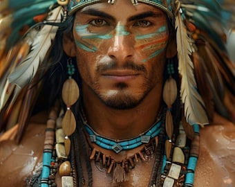 Maya Warrior Chief Watercolor Art Poster (5 PNG File Sizes Digital Download)