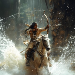 May include: An artistic depiction of a person on horseback, drawing a bow and arrow. The horse is white, and the person is wearing traditional clothing. The scene is set in a watery environment, with splashes of water adding to the dynamic action.