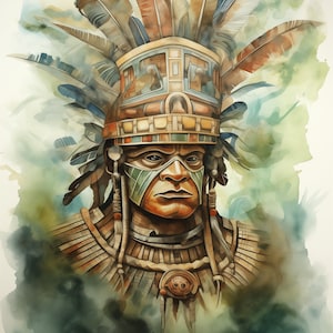 Maya Warrior Chief Digital Gift Poster | Vibrant Watercolor Digital Art | Ancient Mesoamerican Heritage In 5 PNG Files For Instant Download