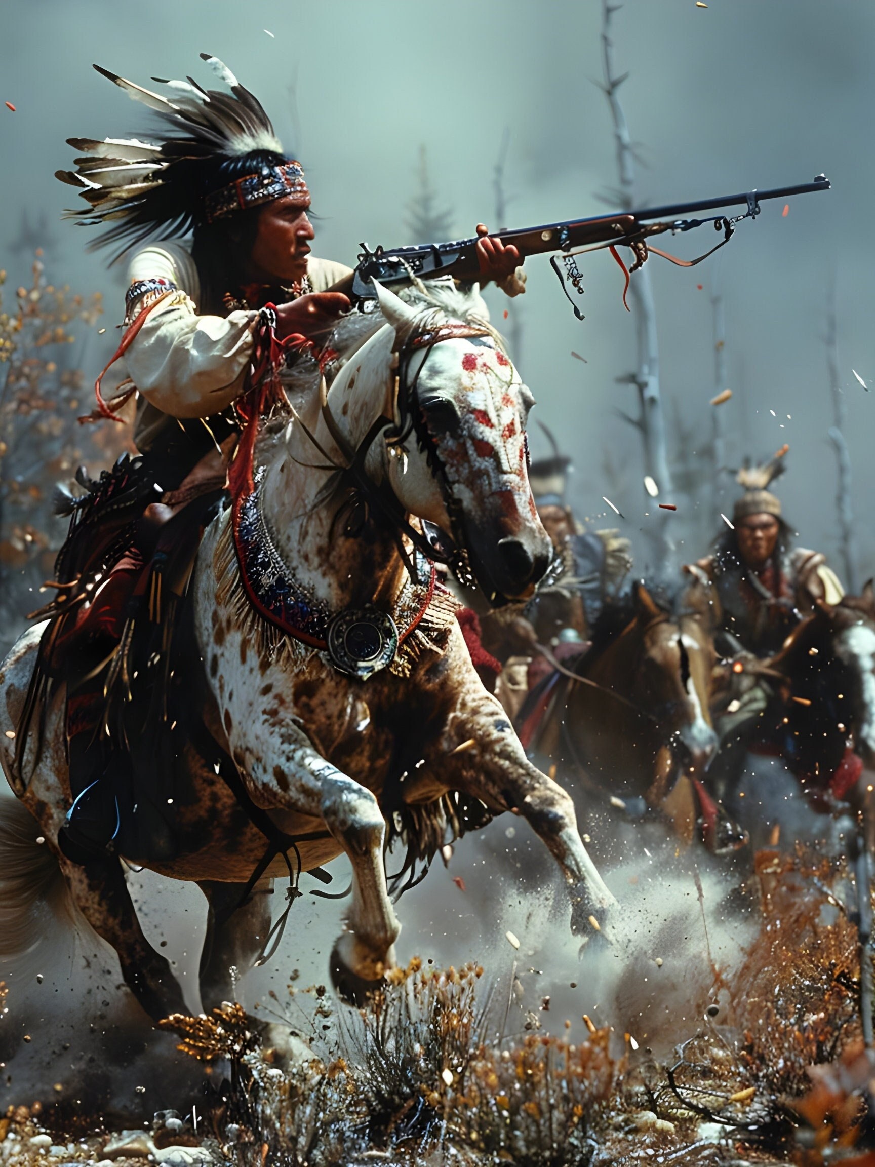 Comanche Warrior Chief On Horse With Rifle Gift Poster | Perfect For Fans Of Ancient American Tribes Come In 5 PNG Downloadable File Sizes