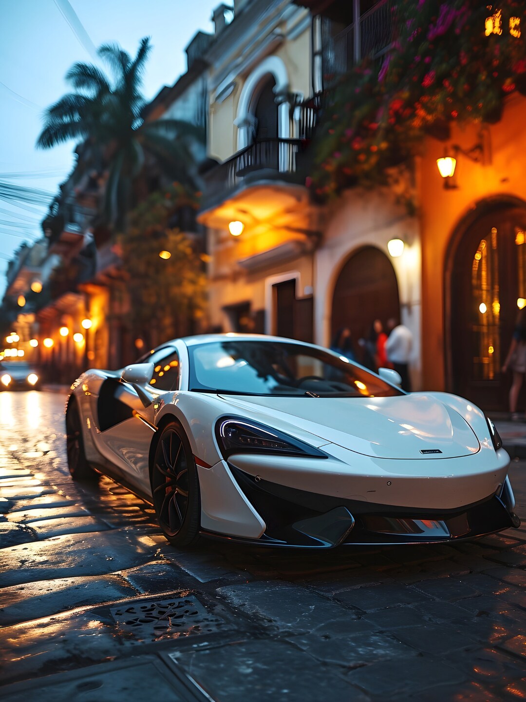 2025 Mclaren GTS White in Downtown Cityscape Cartagena Ultra High Resolution Camera Lens Photo