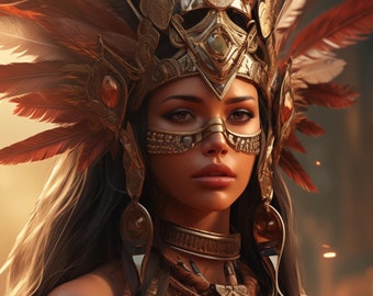 Poster Azteekse krijgerkoningin: levendige kunst uit de oude beschaving (digitale png-download)