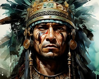 Maya Warrior Chief Watercolor Poster: Mesoamerican Wall Art (5 PNG Files)