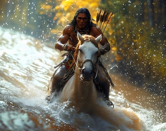 Comanche Warrior Riding Horse With Bow & Arrow Gift Poster | Comanche Nation Indigenous Art|  Digitized Portrait In 5 PNG File Sizes