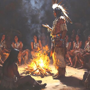 May include: An artistic depiction of a Native American ceremony. A central figure in traditional attire stands before a fire, gesturing. Other figures are seated around the fire, illuminated by the flames. The scene is set in a dimly lit, outdoor environment.