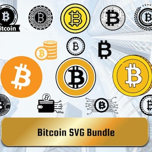 Könnte beinhalten: Eine Sammlung von Bitcoin-Grafiken in verschiedenen Stilen. Die Designs umfassen das Bitcoin-Symbol, Münzen und ein Wallet-Symbol, alle in Schwarz, Weiß und Gold. Der Text "Bitcoin SVG Bundle" wird auf einem goldenen Rechteck angezeigt.