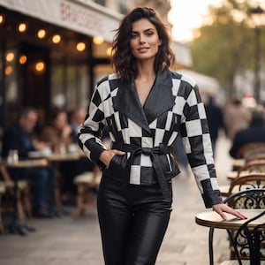 May include: A black and white checkered leather jacket with a wide lapel, long sleeves, and a matching tie belt at the waist. The jacket features a bold geometric pattern throughout, structured shoulders, and silver-toned zipper details on the pockets.
