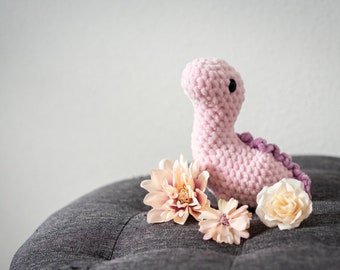 hand-crocheted baby brachiosaurus made from cozy chenille wool: safe, washable, perfect gift for babies & dinosaur lovers!