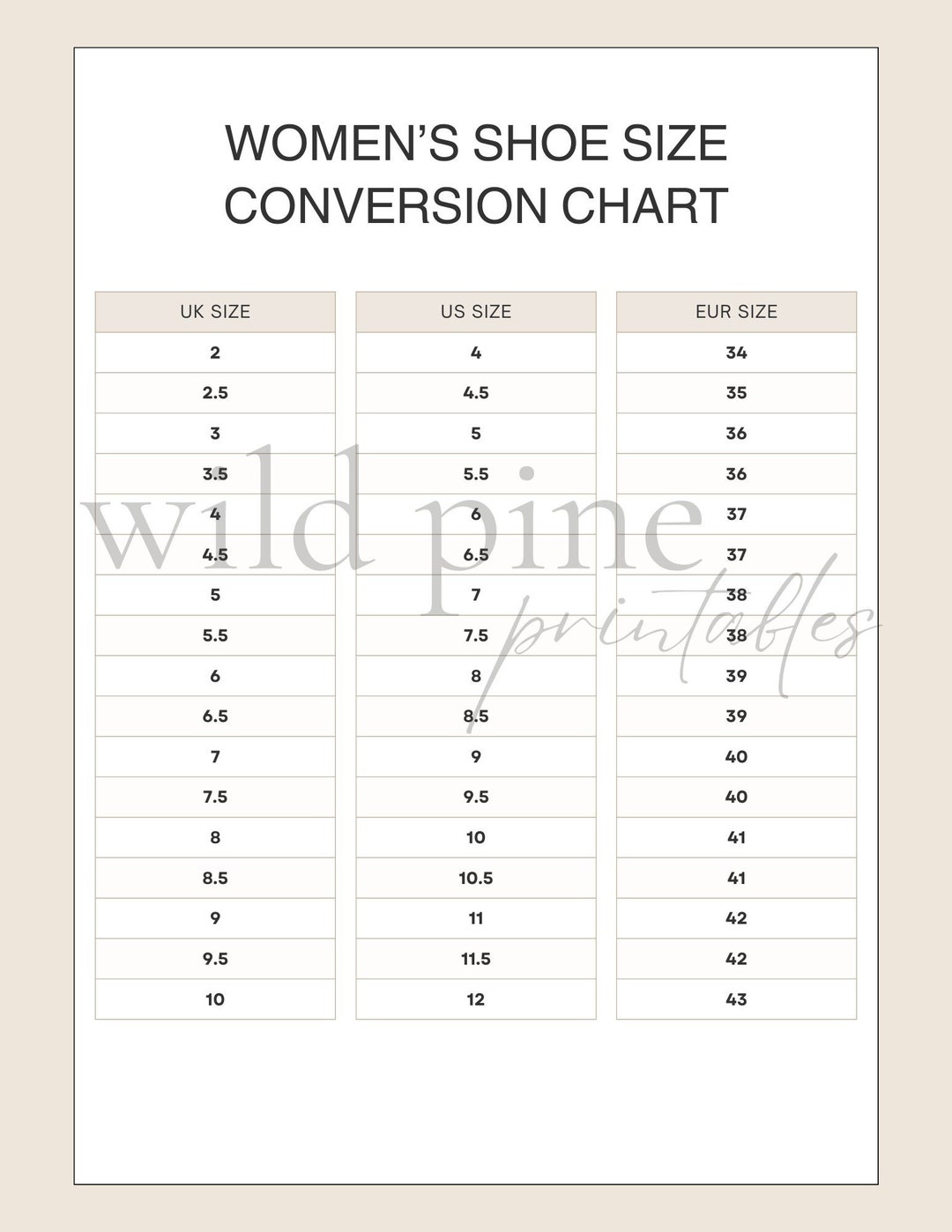 Infant Shoe Size Conversion Chart Shoe Size Chart Printable Etsy