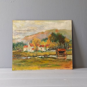 peinture à l'huile de paysage vintage à bord de France, peinture française originale de ferme, art rural image 1
