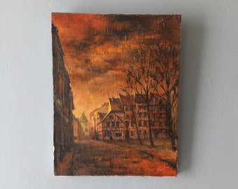 Vintage olieverfschilderij van oude stad bij zonsondergang, schilderij van Rouen Frankrijk op canvas, sfeervolle kunst
