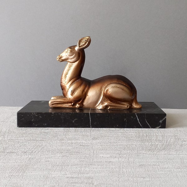 Art deco deer ornament on a marble base, vintage doe desk decor