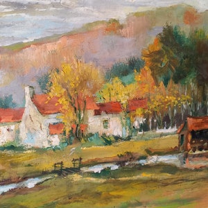 peinture à l'huile de paysage vintage à bord de France, peinture française originale de ferme, art rural image 5