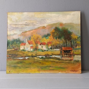 peinture à l'huile de paysage vintage à bord de France, peinture française originale de ferme, art rural image 7