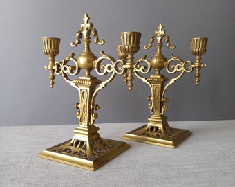 Pair French brass vintage candelabras, antique decorative candle holders