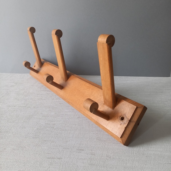 Mid century wooden coat rack with 3 pegs, french vintage modernist light wood coat rack, wall decor