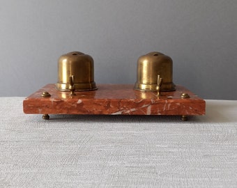 Vintage double inkwell and pen rest with marble base, french desk decor