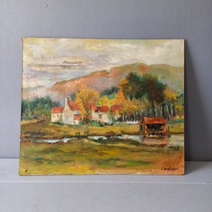 peinture à l'huile de paysage vintage à bord de France, peinture française originale de ferme, art rural image 2