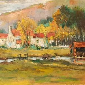 peinture à l'huile de paysage vintage à bord de France, peinture française originale de ferme, art rural image 3