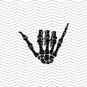 May include: Black silhouette of a skeleton hand making the shaka sign, a popular Hawaiian gesture of peace, aloha, and good vibes.