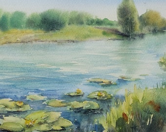 Aquarelle originale représentant un paysage de village d'été