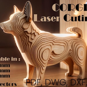 Puede incluir: Una escultura de perro Corgi de madera para corte por láser. La escultura está hecha de madera en capas y está disponible en espesores de 3 mm, 4 mm y 5 mm. La imagen también incluye el texto "CORGI for Laser Cutting" y "PDF, DWG, DXF, EPS".