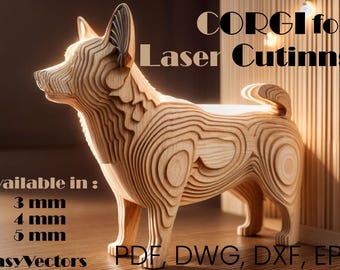 Layered Wooden Corgi Sculpture, Corgi Dog Wooden Model, Laser-Cut Corgi Decoration, Handcrafted Wooden Corgi Figurine, Customizable Wooden