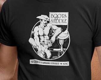 Boots & Saddle, Chelsea, NY. Vintage Gay Graphic T-shirt. Country Western Kink, Cowboy, Leather Bar, Fetish Tom of Finland era Queer history