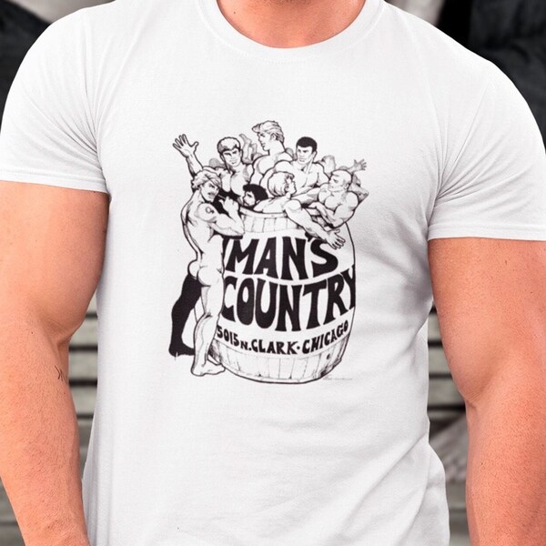 Mans Country, Chicago. Vintage Gay Graphic T-Shirt, Tom of Finland era, Art by Etienne, Queer History, Leather Daddy Bathhouse Holiday Gift