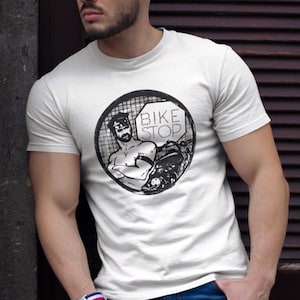 Vintage Gay Bar T-Shirt, The Bike Shop. Queer retro, Tom of Finland, leather daddy tee for cruising, clubs and groups—perfect for Pride!