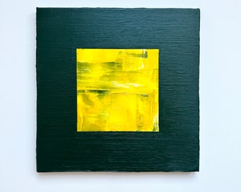 Original square green and yellow acrylic abstract painting on stretched canvas - "Barbican 1"