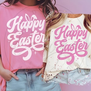 May include: Two pink and white T-shirts with the text "Happy Easter" in a stylised font. The shirts are being worn by two people with their hands in their pockets.