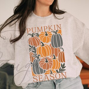 May include: A light gray sweatshirt featuring a fall-themed graphic. The design includes orange, brown, and gray pumpkins with the words "PUMPKIN SEASON" in a matching orange color. The sweatshirt is a comfortable, casual style.