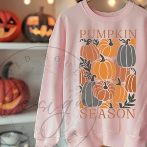 May include: A light pink sweatshirt featuring a graphic of various pumpkins in shades of orange, gray, and brown. The words "PUMPKIN SEASON" are printed in a decorative font, perfect for autumn.