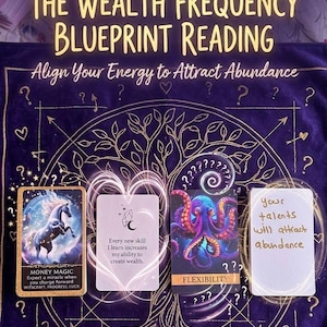 May include: A purple cloth featuring a gold tree design and the text THE WEALTH FREQUENCY BLUEPRINT READING Align Your Energy to Attract Abundance. Four cards are displayed: one with a horse, one with text, one with an octopus, and one with handwritten text.