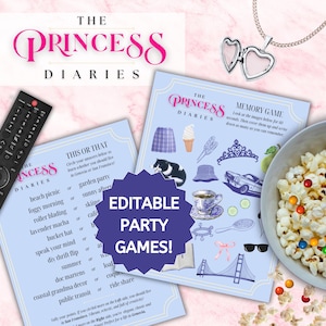 May include: Editable party games for a Princess Diaries themed party. The games include a memory game, a "this or that" game, and a printable game board. The games are printed on blue paper with a white border. The image also includes a bowl of popcorn, a remote control, and a necklace with a heart pendant.