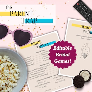 Può includere: Giochi di addio al nubilato modificabili con sfondo rosa. I giochi includono un gioco di trivia sulla sposa e un gioco di progettazione dell'abito. Il testo "The Parent Trap" è in cima alla pagina.