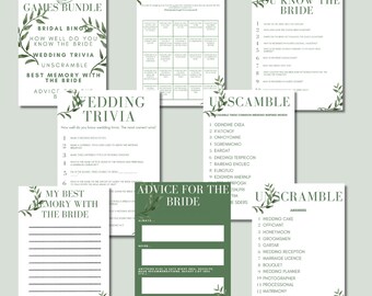 Op de afbeelding: Een printbare bruiloftsspelbundel met groene bladerenaccenten. De spellen omvatten "Bridal Bingo", "How Well Do You Know the Bride", "Wedding Trivia", "Best Memory with the Bride", "Advice for the Bride" en "Unscramble".