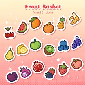 Panier de pousses - Vinyle || Joli pack d'autocollants de fruits arc-en-ciel, d'autocollants de fruits découpés, d'autocollants colorés pour les gourmets, d'autocollants de rentrée